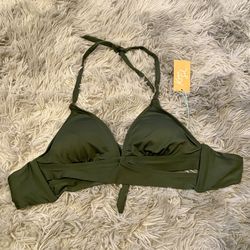 Kona Sol Women’s Faux Wrap Halter Bikini Top Size XS Dark Green NWT
