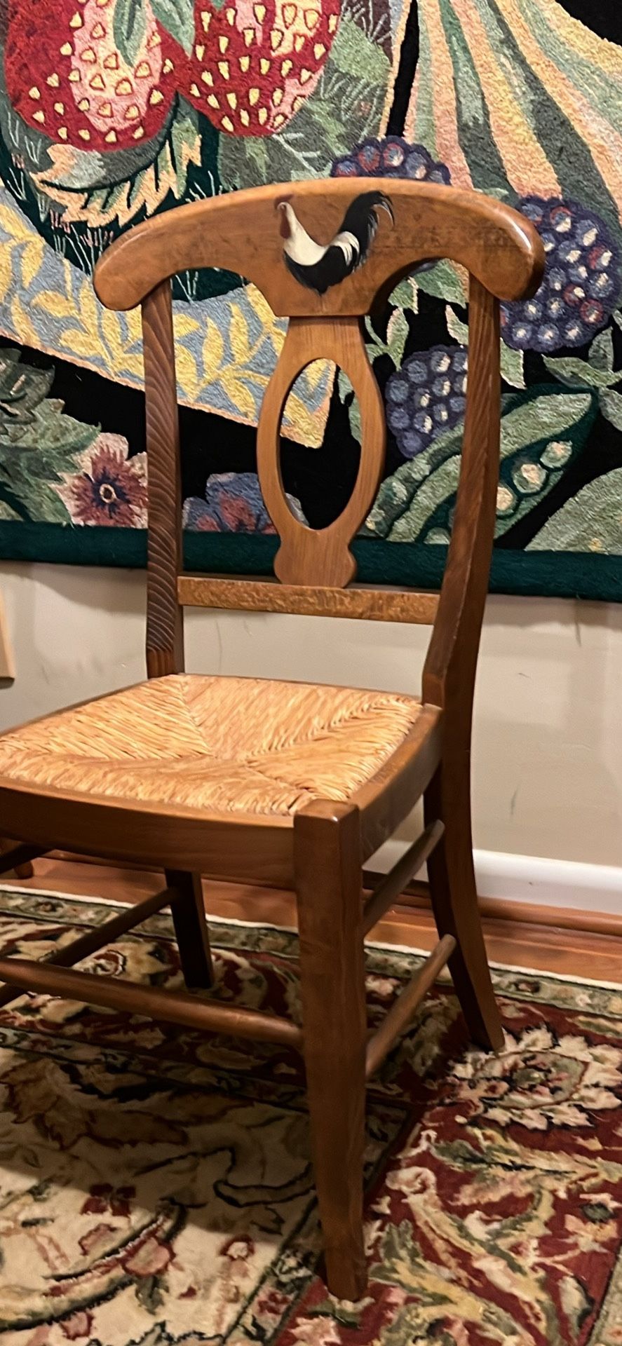 Single wood rush seat dining chair, including 2 hand painted rooster wine glasses