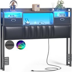Upholstered Headboard with Drawer Storage and RGB LED Light, Sturdy Headboard with Charging Station ＆ Bookcase, twin size   This leather uph