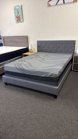 Grey Upholstered Platform Bed Frame with Mattress