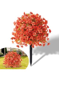 New Artificial Mums Topiary Ball Tree With Flowers for Outdoors Fall Decor,23" Orange UV Resistant Fake Plants With Ground Spike Autumn Decorations fo
