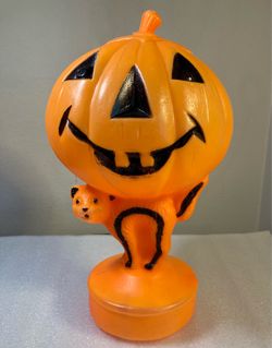 Vintage Halloween Blow Mold Jack O-Lantern Pumpkin w/Cat 1960s (needs light cord*) 13"h