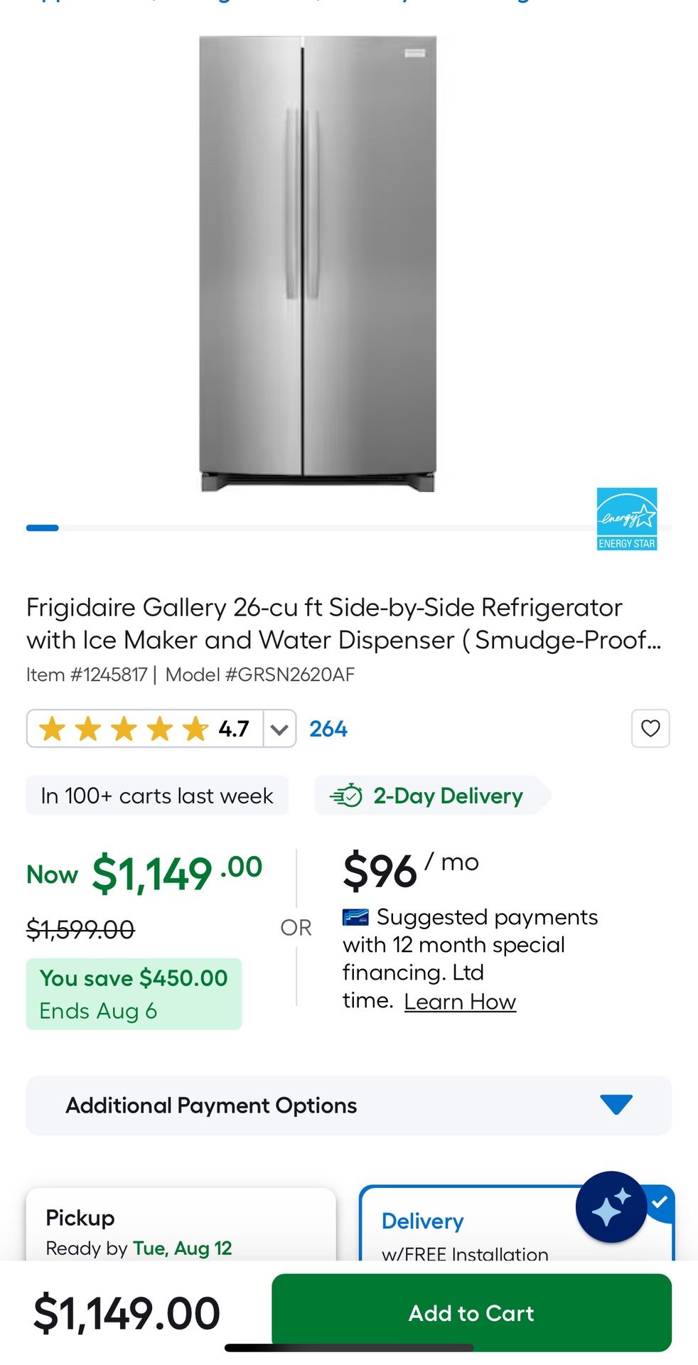 Frigidaire Gallery 26 cu ft Side by Side Refrigerator with Ice Maker and Water Dispenser ( Smudge Proof).