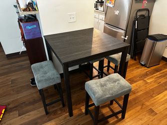 Counter Height Dining Table Set w/ 4 Upholstered Stools – Dark Wood