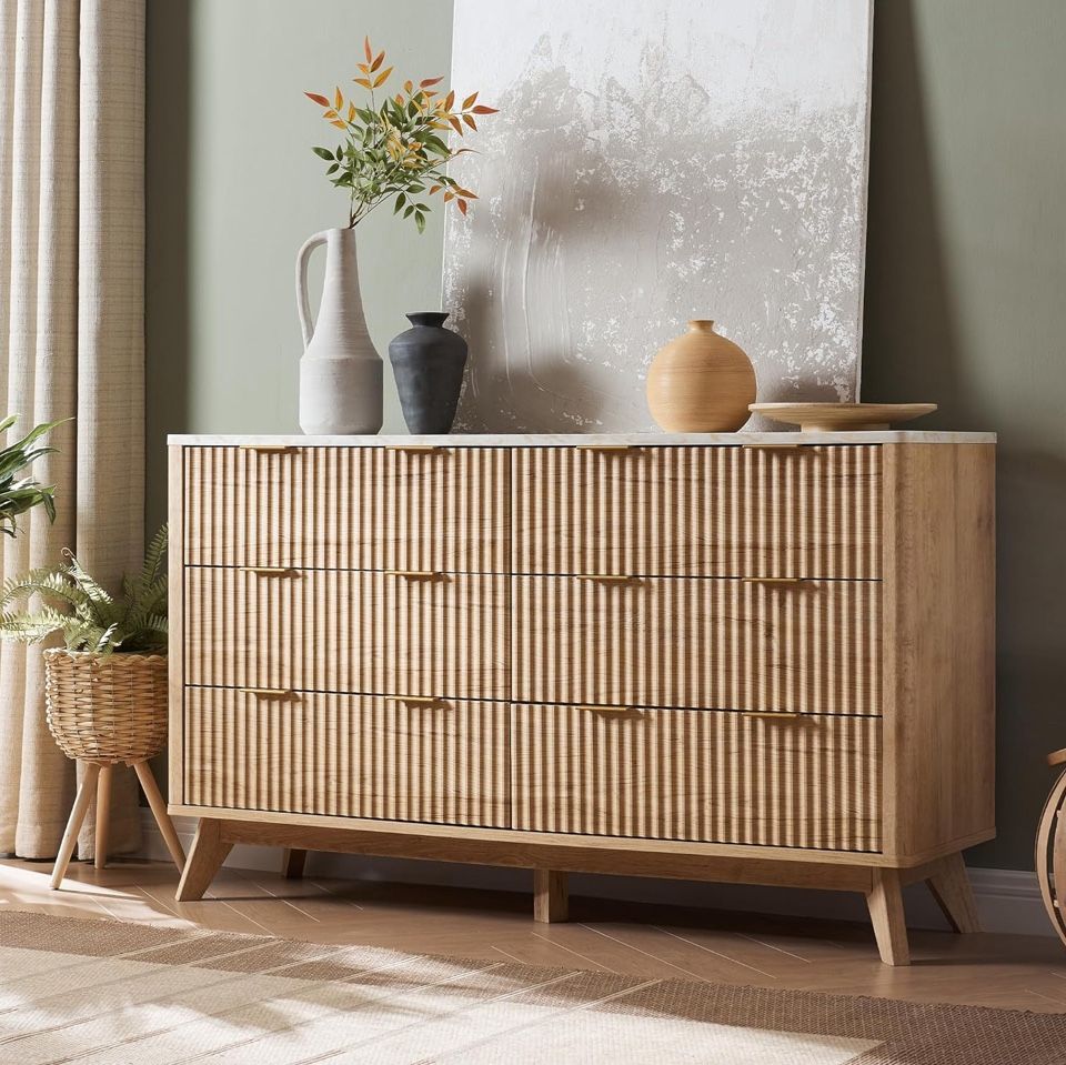 Fluted 6 Drawers Dresser, 54" Wide Modern Chest of Drawers with Faux Marble Top, Curved Profile Design, Dresser TV Stand, Wood Drawer Organizer