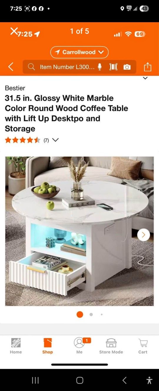 31.5 In Glossy White Marble Color Round Wood Coffee Table With Lift Up Desk Top And Storage