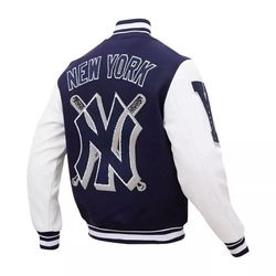 Mash Up New York NY Yankees Varsity Navy Blue White Full-Zip Wool/Leather Jacket