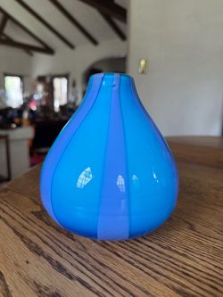 BEAUTIFUL Round Art Glass Vase ~Blue with Lilac Vertical Stripes