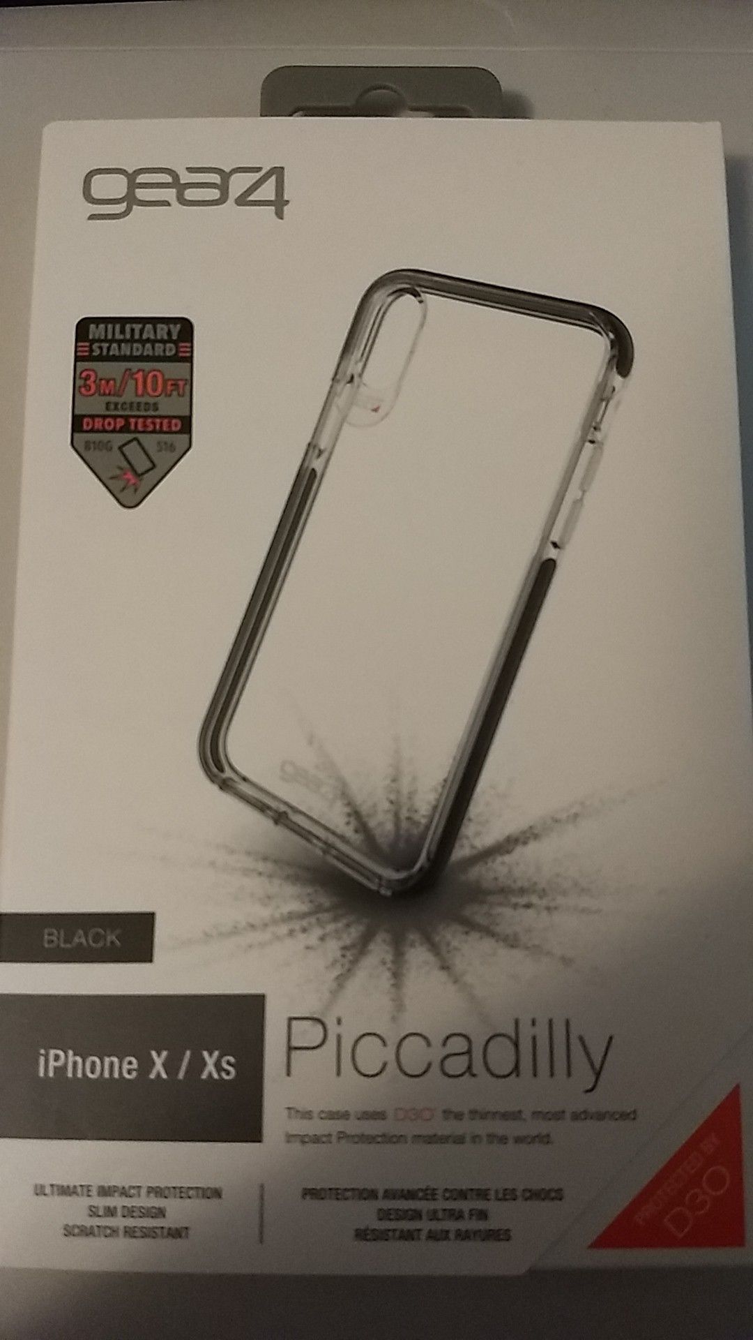 iPhone Xs and iPhone X Gear4 case. Clear and black.