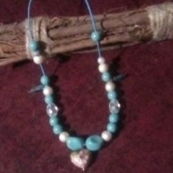 Handmade Turquoise Beads And White Round Beads With Heart Pendant. Made On A Stretchy Band.