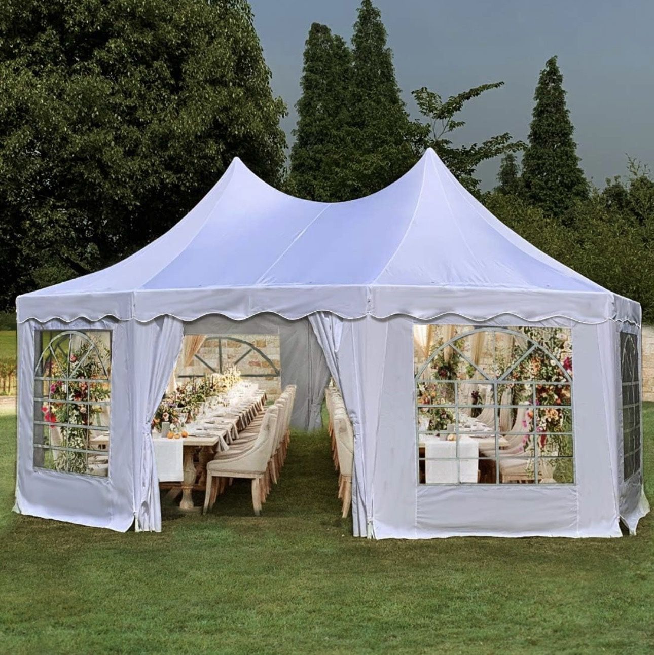 Party tent 6 x 4.4 meters large octagonal wedding tent with 8 walls outdoor gazebo White