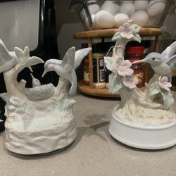 vintage porcelain hummingbird family music box figurine