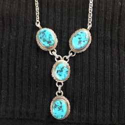 Very Nice Turquoise Drop Necklace Set In Sterling Silver 