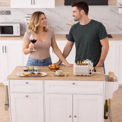 Kitchen Island on Wheels with Power Outlet & Drop Leaf Countertop, Rolling Kitchen Islands with Trash Can Storage, Portable Kitchen Cart with Drawers,