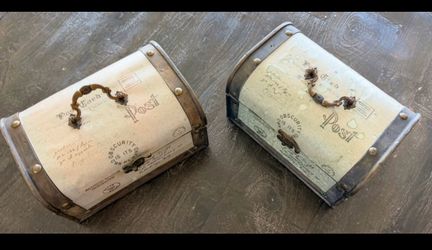 Set of 2 Vintage Postcard Theme Wooden Memory Chests / Trinket Boxes
