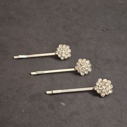 Rhinestone Clustered Set Of 3 Bobby Pins, Clear Rhinestones On Silvertone 1 7/8" Long