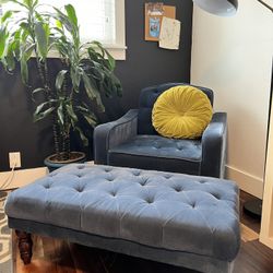 Blue Faux Velvet Armchair And Ottoman