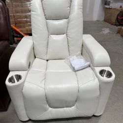 ANJ White Power Recliner Chair Electric Home Theater Seating Soft Leather Movie Chair for Living Room Overstuffed Single Reclining Sofa with Hidden Ar