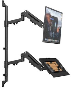 PUTUOSEN Wall Mount Monitor Arm with Keyboard Tray for 17 to 32 Inch Height Adjustable Full-Motion Spring Arm Wall Mount Workstation Holds up to 26.4l
