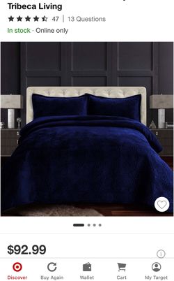 Target 3pc Queen Capri Medallion Velvet Oversized Solid Quilt Set Navy Blue - Tribeca Living (New)