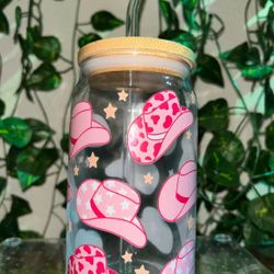 CUTE PINK COW GIRL STYLE 16oz GLASS CUP’S!