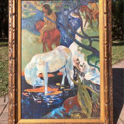 Large Vintage Mid-Century Oil Painting on Canvas + Carved Wood Frame (Signed) 31" × 43"