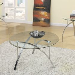 Brand New 3pc Glass Chrome Coffee Table Set