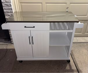 White Kitchen Island Cart with Stainless Steel Top