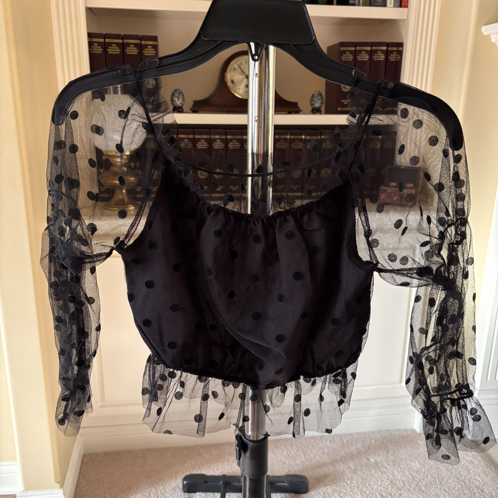 SHEIN black sheer polka dot puff sleeve top