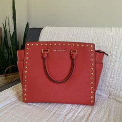 Michael Kors Large Selma Studded Orange Red Saffiano Leather Satchel