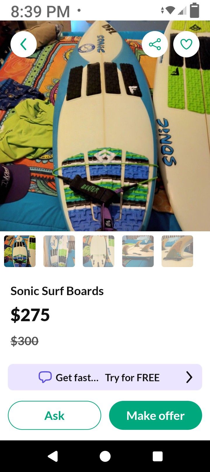 5"6 Sonic Round Pin 3&4 Fins Got New Hemp Seed Finz