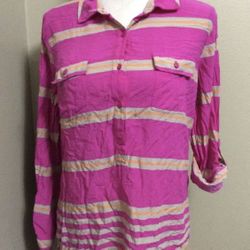 Pink Gray Yellow Striped High Low Tunic Top Shirt Pullover Roll up Sleeves L