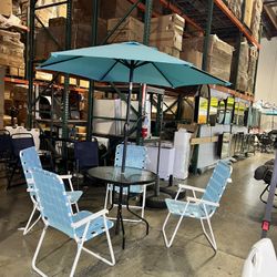 New 7piece Patio Dining Set Set With Glass Table, 4 Folding Chairs , And 10Ft Umbrella 