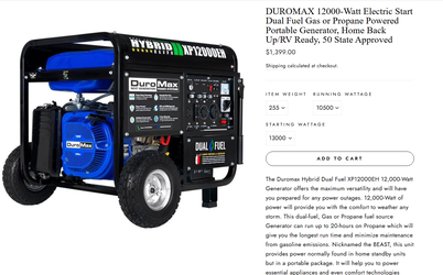 Duro Max 12,000 Watt Electric Start -Duel Fuel Generator NEVER had gas in it