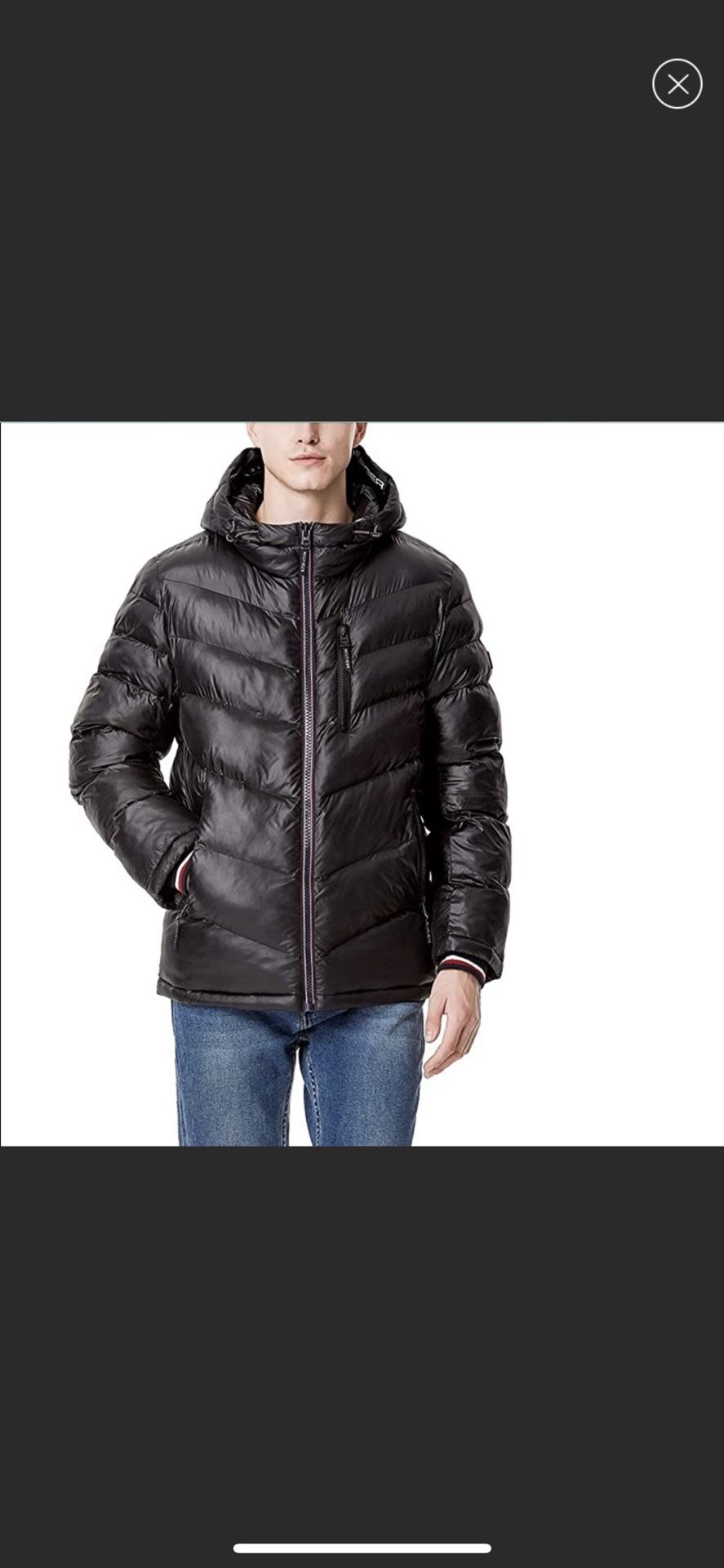Tommy Hilfiger Men's Midweight Chevron Quilted Hooded Puffer Jacket Large