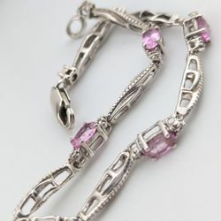 6" Sterling Silver Simulated Pink Topaz Gemstone Link Bracelet