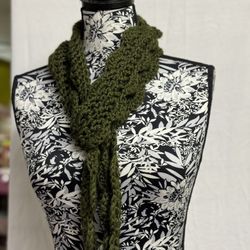 Scarf Long Crochet Handcrafted Shell Pattern Forrest Green