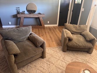 Pair of Oversized Olive Green Accent Chairs - Chenille Fabric