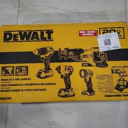 DeWalt 4 Tool Kit 20V Brushless Cordless + 2 Batteries Charger Drill Impact Driver Reciprocating Saw Flashlight 