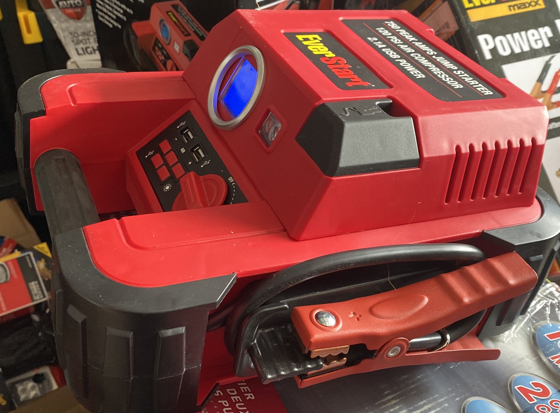 The EverStart 750 Peak Amp Jump Starter with Compressor features 375