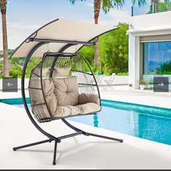 EROMMY Swing Egg Chair, 2 Person Double Hanging Chair, Foldable Hammock Chair With Stand And Cushion, Porch Swing With Removable Canopy For Garden
