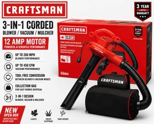 CRAFTSMAN 12 Amp Corded 3-in-1 Leaf Blower Vacuum Mulcher CMEBL7000 New