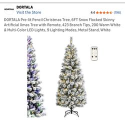 6FT Snow-Flocked Skinny Christmas Tree (Pre-Lit, Warm White & Multicolor, Remote Included)