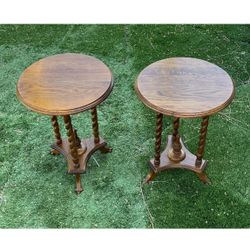 Vintage Solid Oak Side Tables, Matching Pair
