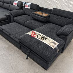 Dark gray chenille sectional sleeper sofa with pull out bed  
