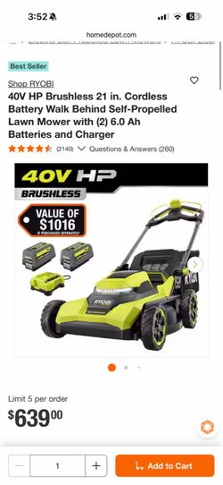Shop RYOB! 40V HP Brushless 21 in. Cordless Battery Walk Behind Self-Propelled Lawn Mower with (2) 6.0 Ah Batteries and Charger
