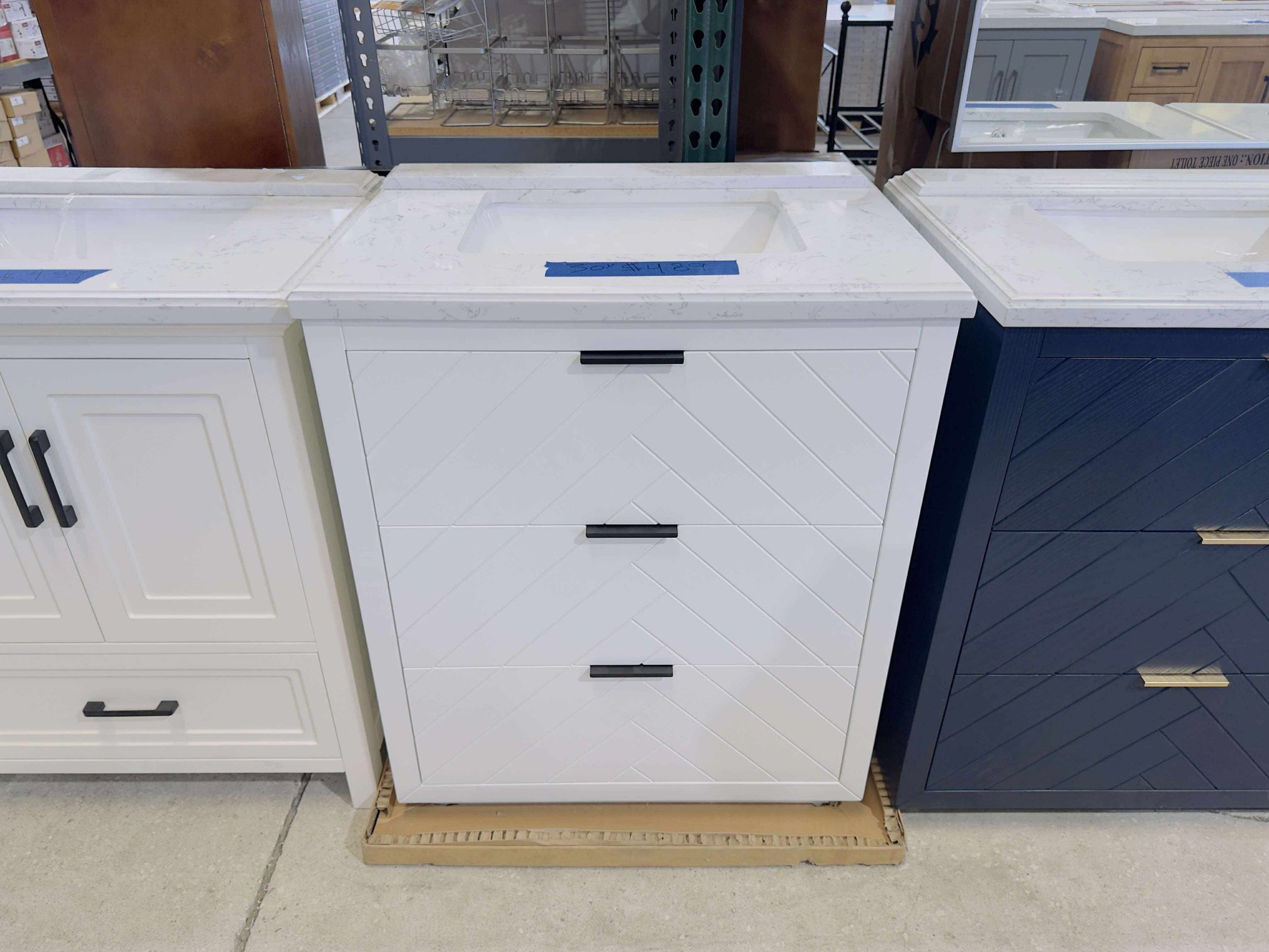 Brand New Bathroom Vanity “30” in White with 3 modern drawers and Marble Top in White $489