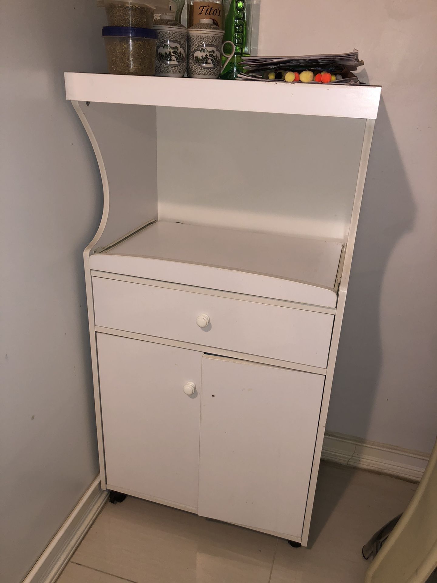 White cabinet kitchen microwave drawer storage