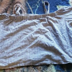 Blue & White Off The Shoulder Shirt