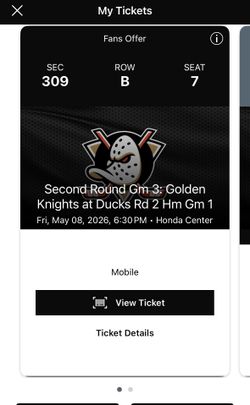 Club level seat for tonight’s Ducks/Knights game